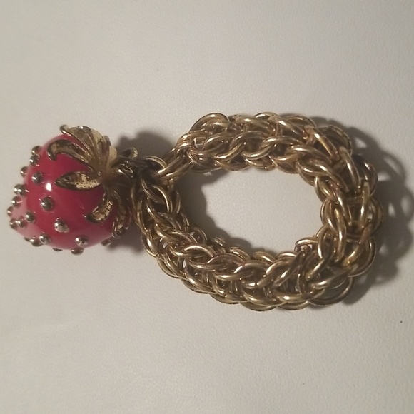 Women's Kenneth J Lane Purse Charm; Red Strawberry & Goldtone Chainlink; Size 4" - Picture 3 of 8